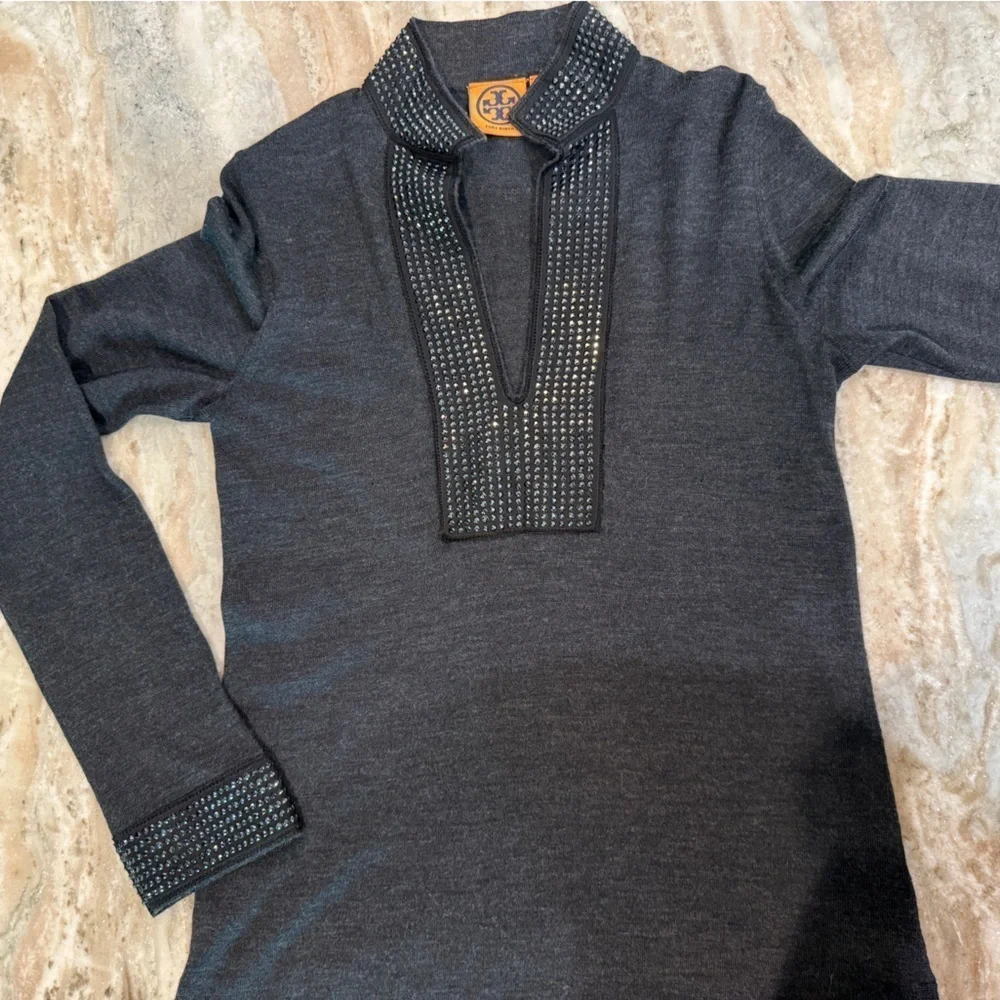 Women’s TORY BURCH 100% Merino Wool Charcoal gray embellished sweater- Size XS